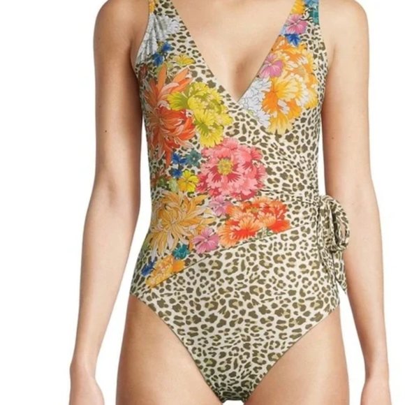 Johnny Was Leopard Wrap One Piece Animaland Floral Print Swimsuit Size XL $198